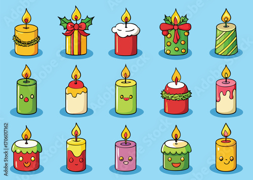 Vector art of assortment of festive cartoon candles with faces and decorations, isolated on blue background