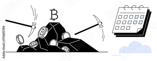 Pickaxes extracting cryptocurrency coins from rocks, Bitcoin symbol overhead, adjacent calendar. Ideal for blockchain, mining, finance, investment, crypto market, digital economy simple flat