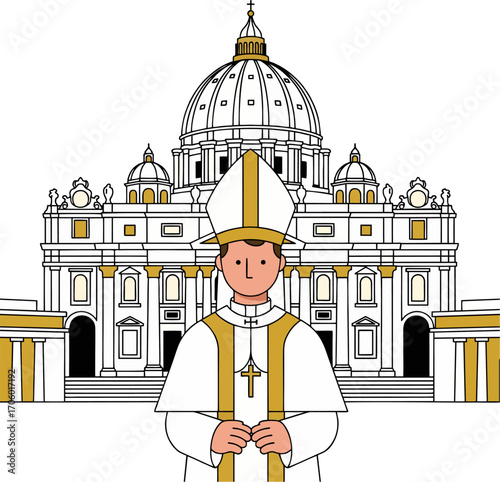 Pope with Mitre Hat Standing Before St. Peter’s Basilica Vector Illustration