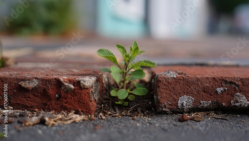 Fototapeta Naklejka Na Ścianę i Meble -  A tiny plant sprouts between bricks