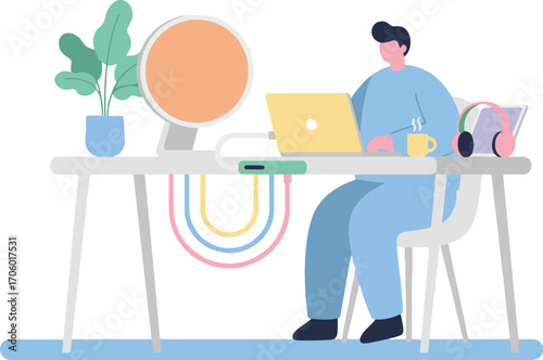 Man Working Remotely with Laptop and Coffee