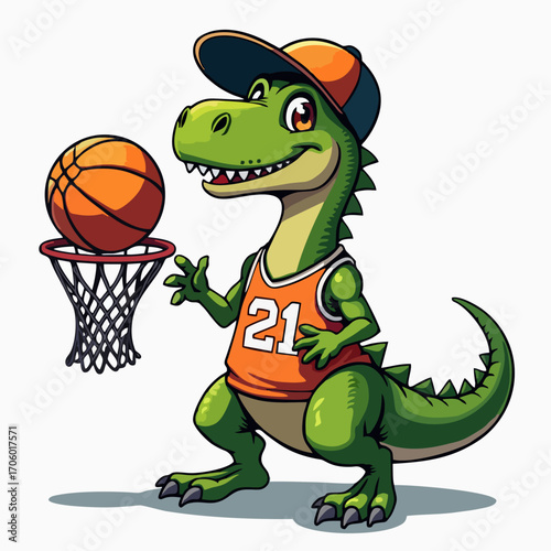 Vector drawing for children, teenager t-shirt. Cute green dinosaur boy thrown basketball ball into ring
isolated on white background. Cartoon design 
for fabric, paper, clothing.