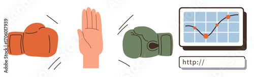 Red and green boxing gloves with a mediating hand in between, next to a chart and web link. Ideal for teamwork, negotiation, resolution, growth, collaboration, communication strategy. Simple flat