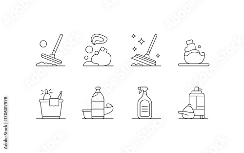 Outline Icon Set of Cleaning Tools, Including Mops, Buckets, and Spray Bottles, Representing Home Hygiene and Sanitation, Perfect for Housekeeping Needs