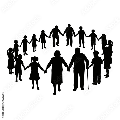 Vector art of a diverse group of people, including children, adults, and seniors, are holding hands in a circle, , symbolizing unity