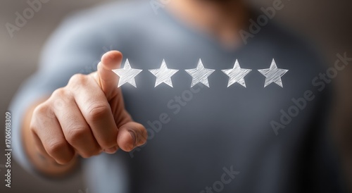 Close up shot of a hand pointing toward five stars, implying a positive feedback or rating on a smooth blurry background