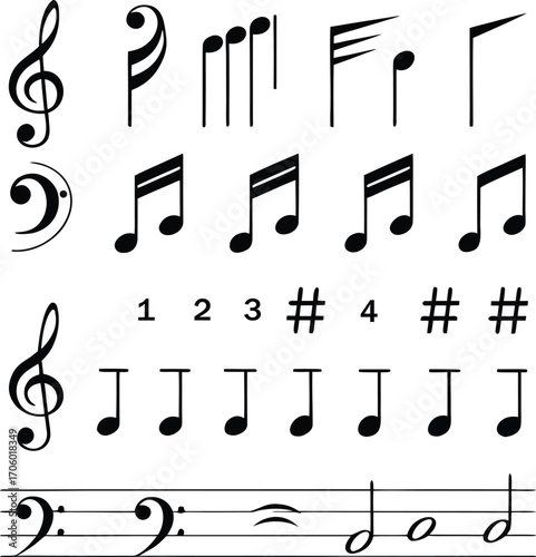 Black Vector Music Symbols Set – Includes Clefs, Notes, Rests, Sharps, and Beats for Educational and Design Use. Perfect for Sheet Music, Teaching, and Creative Projects. Fully Editable and Clean.