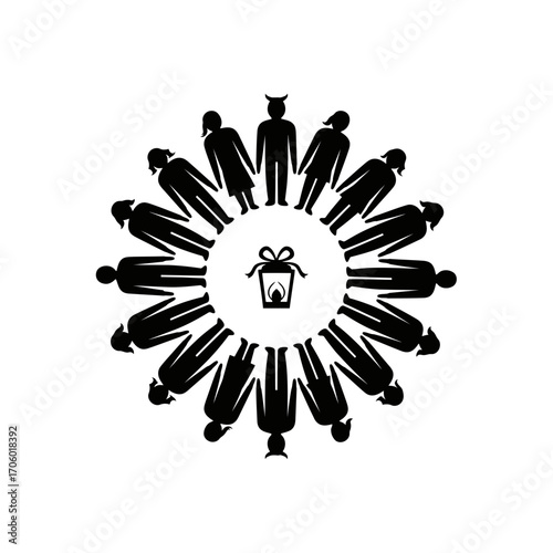 Vector art of circle of people with a devil in the middle gift box with candle in the center of the circle of people