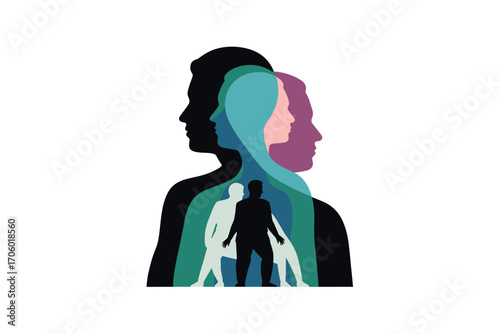 Overlapping Silhouettes: Concept of Identity, Psychology, and Personal Growth, Illustrating Inner Self and Transformation, Mind, Mental Health, or Human Behavior with Modern Color Scheme.