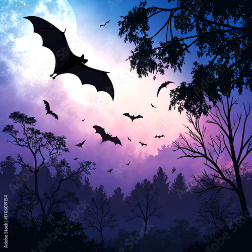 Spooky Halloween night with bats flying beneath full moon in purple sky over forest landscape