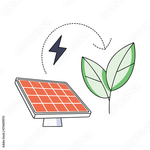 Vector art of solar panel with a lightning bolt and leaves, representing renewable energy and environmental sustainability