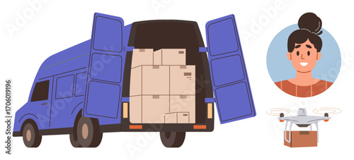 Delivery van packed with parcels, quadcopter carrying a package, and happy customer. Ideal for shipping, logistics, courier service, e-commerce, fast delivery, customer satisfaction simple flat
