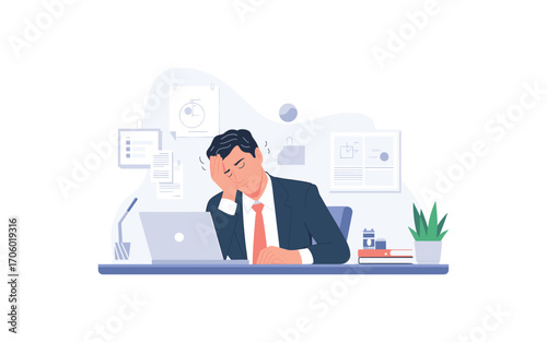 Overwhelmed Businessman: Depressed and Exhausted Professional Cartoon Illustration, Suffering From Burnout, Stress, and Mental Health Issues While Working With a Laptop At the Workplace