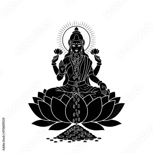 Illustration of goddess lakshmi sitting on a lotus flower with coins falling from her hands