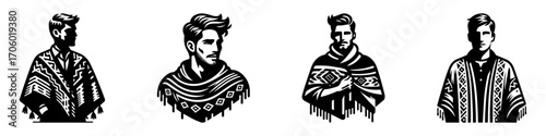 Modern Minimalist Man Wearing Poncho Half-Body Icon, Flat Silhouette of a Casual Figure Vector for Traditional Illustration Design