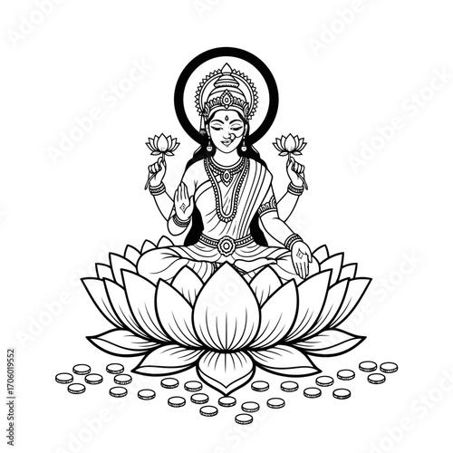 Illustration of goddess lakshmi sitting on a lotus flower, she is holding lotus flowers in her hands