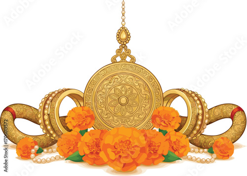 Festive Gold Brooch with Wedding Props – Vector Art