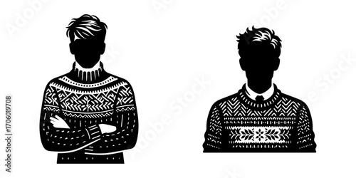 Modern Minimalist Man Wearing Wool Sweater Icon, Flat Silhouette of a Cozy Figure Vector for Winter Illustration Design