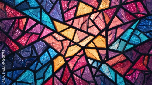 Vibrant, abstract stained-glass art with geometric shapes in hues of blue, purple, pink, orange, and yellow. Dark leading emphasizes the fragmented design