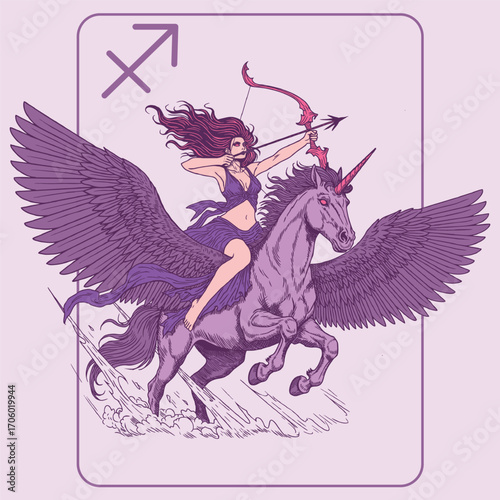 Sagittarius Zodiac Art Female Archer on Flying Pegasus Unicorn Illustration