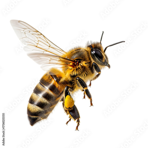 A detailed close-up of a honey bee captured in flight isolated on a clean transparent background for commercial use.