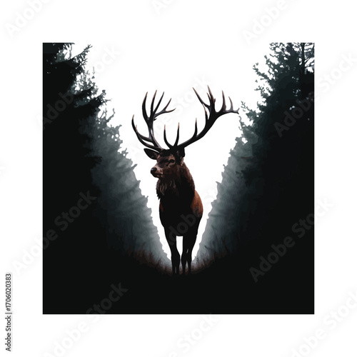 Stag Silhouette Illustration in Forest Clearing with Antlers and Wildlife Vector