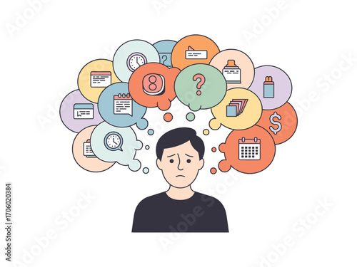 Stressed Man Overwhelmed by Tasks, Deadlines, and Financial Worries: Illustration of Anxiety, Burnout, and Mental Health Challenges with Calendar, Clock, and Dollar Icons