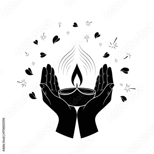 Vector art of two hands gently holding a diya lamp surrounded by falling petals, symbolizes peace, hope, and spiritual connection