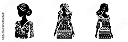 Modern Minimalist Woman Half Body Wearing Patterned Dress Icon, Flat Silhouette of a Female Character Vector for Fashion and Lifestyle Illustration Design