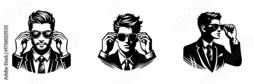 Modern Minimalist Man Trying Sunglasses Icon, Flat Silhouette of a Fashion Figure Vector for Summer Illustration Design