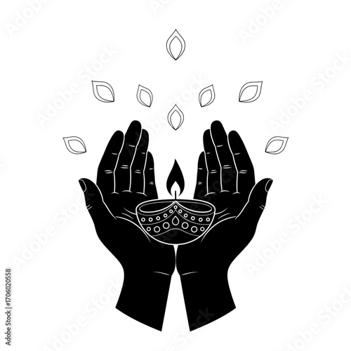 Vector art of hands cupping a diwali oil lamp with floating flames, a gesture of offering, protection, and the spreading of light
