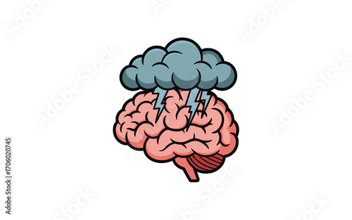 Brainstorm: Conceptual Illustration of a Brain Under a Storm Cloud with Lightning, representing Mental Strain, Anxiety, or Intense Creative Thinking, Isolated on White