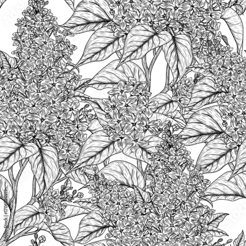 Seamless vector pattern of blooming lilac. Spring floral background. Delicate decor of blooming branches in engraving style