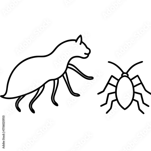A playful cat silhouette curiously approaches a cockroach silhouette on a white background