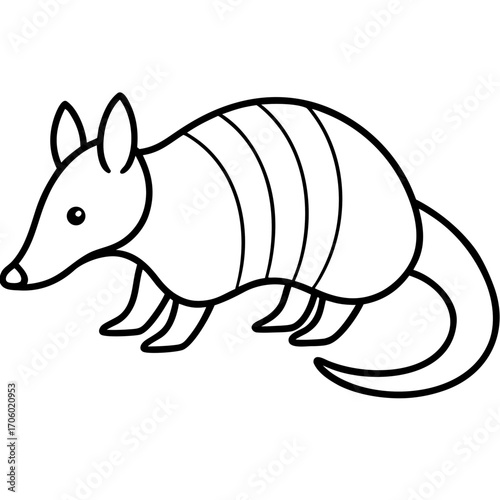 Cute cartoon armadillo walking with segmented shell and long tail silhouette