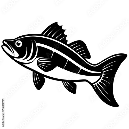 Stylized black and white fish silhouette illustration for aquatic themes