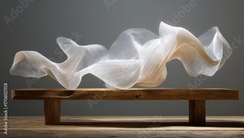 Flowing fabric on wooden platform