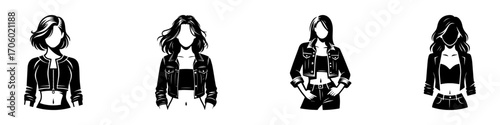 Modern Minimalist Woman Half Body Wearing Crop Jacket Icon, Flat Silhouette of a Female Character Vector for Fashion and Lifestyle Illustration Design