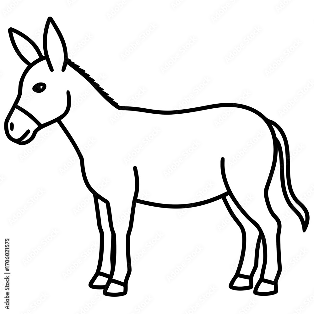 Fototapeta premium Simple black line drawing of a donkey standing facing left silhouette
