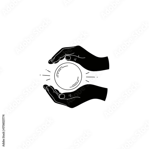 Vector art of hands holding a glowing sphere concept of magic, fortune telling, or energy healing mystical and spiritual illustration