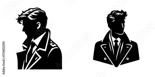 Modern Minimalist Man Wearing Long Coat Half-Body Icon, Flat Silhouette of a Fashion Figure Vector for Winter Illustration Design