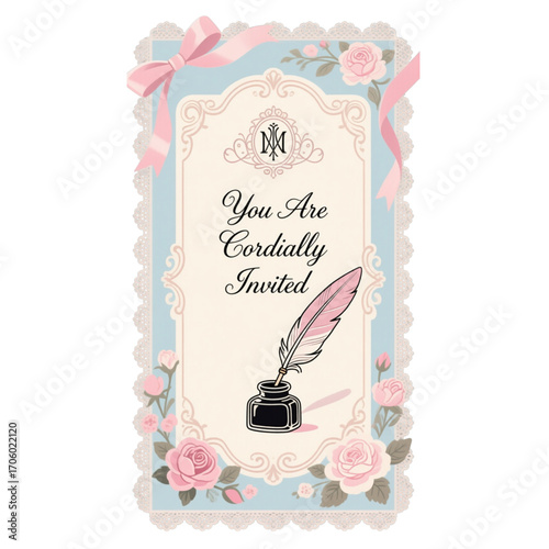 Elegant invitation card with roses and a quill pen announces a formal event with a touch of vintage charm and sophistication.