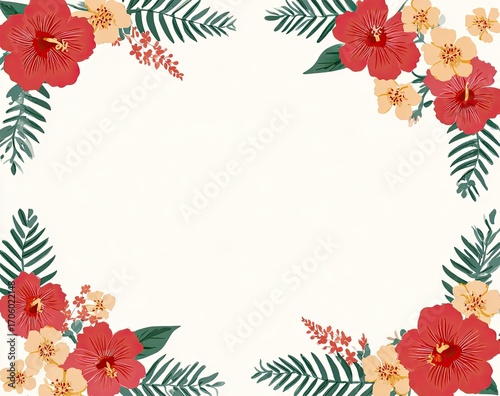 Floral frame with hibiscus and tropical leaves