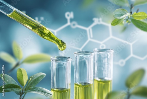 Close-up of a dropper dispensing yellow liquid into test tubes with green plants and chemical structure background, conveying science and nature