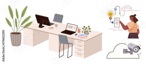 Office desk with laptops, plant, books, connected tech woman presenting app idea, cloud computing, surveillance camera. Ideal for remote work, innovation, security productivity organization