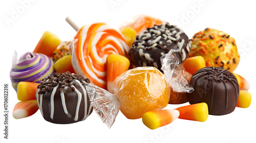 Halloween candy assortment of wrapped chocolates and lollipops, isolated on white background