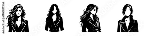 Modern Minimalist Woman Half Body Wearing Leather Jacket Icon, Flat Silhouette of a Female Character Vector for Fashion and Lifestyle Illustration Design