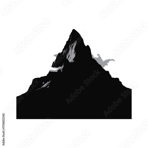 Dramatic Mountain Peak Silhouette Illustration with Clouds and Rugged Terrain Design