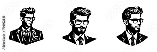 Modern Minimalist Man Wearing Glasses Half-Body Icon, Flat Silhouette of a Trendy Figure Vector for Fashion Illustration Design