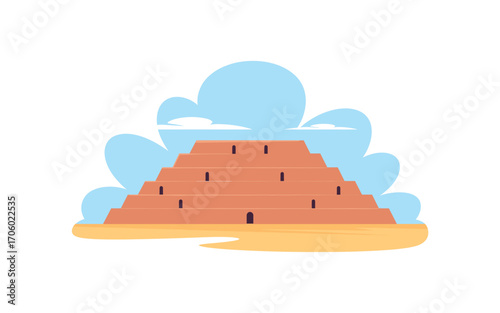 Illustrated Stepped Pyramid Against Blue Sky: Ancient Architecture and Cultural Heritage Depicted in a Flat Vector Scene for Travel, History and Adventure Themes